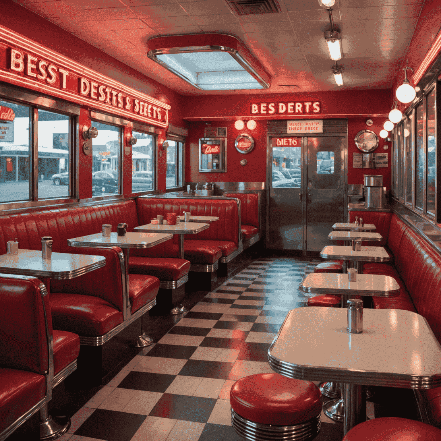 A retro-style diner interior with red leather booths, chrome accents, and a long counter with spinning stools. A neon sign reading 'Best Desserts' hangs on the wall.