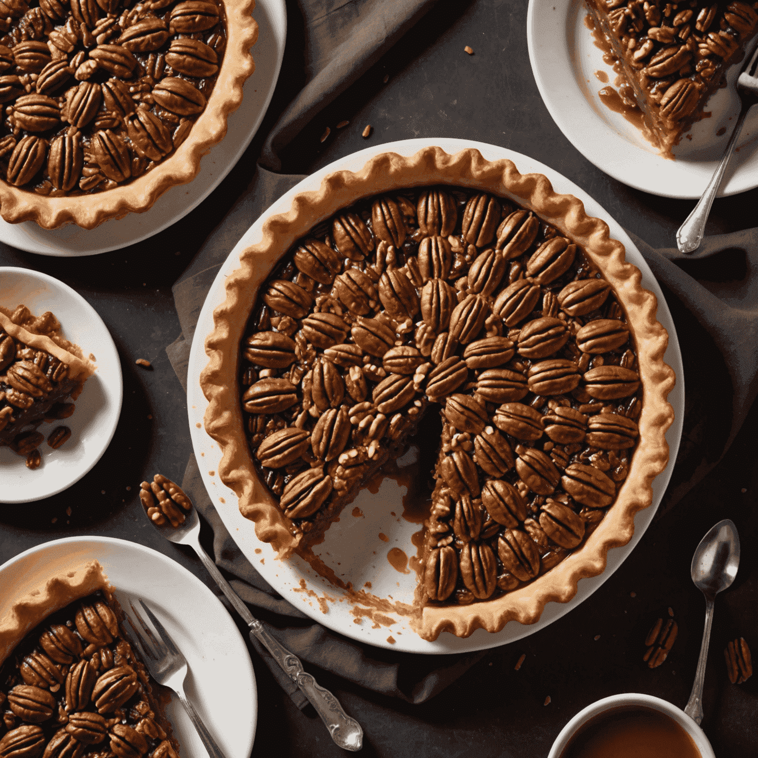 A golden-brown pecan pie with a flaky crust, topped with a generous layer of pecans glistening with maple syrup. The pie is cut to reveal a rich, gooey filling studded with pecans.