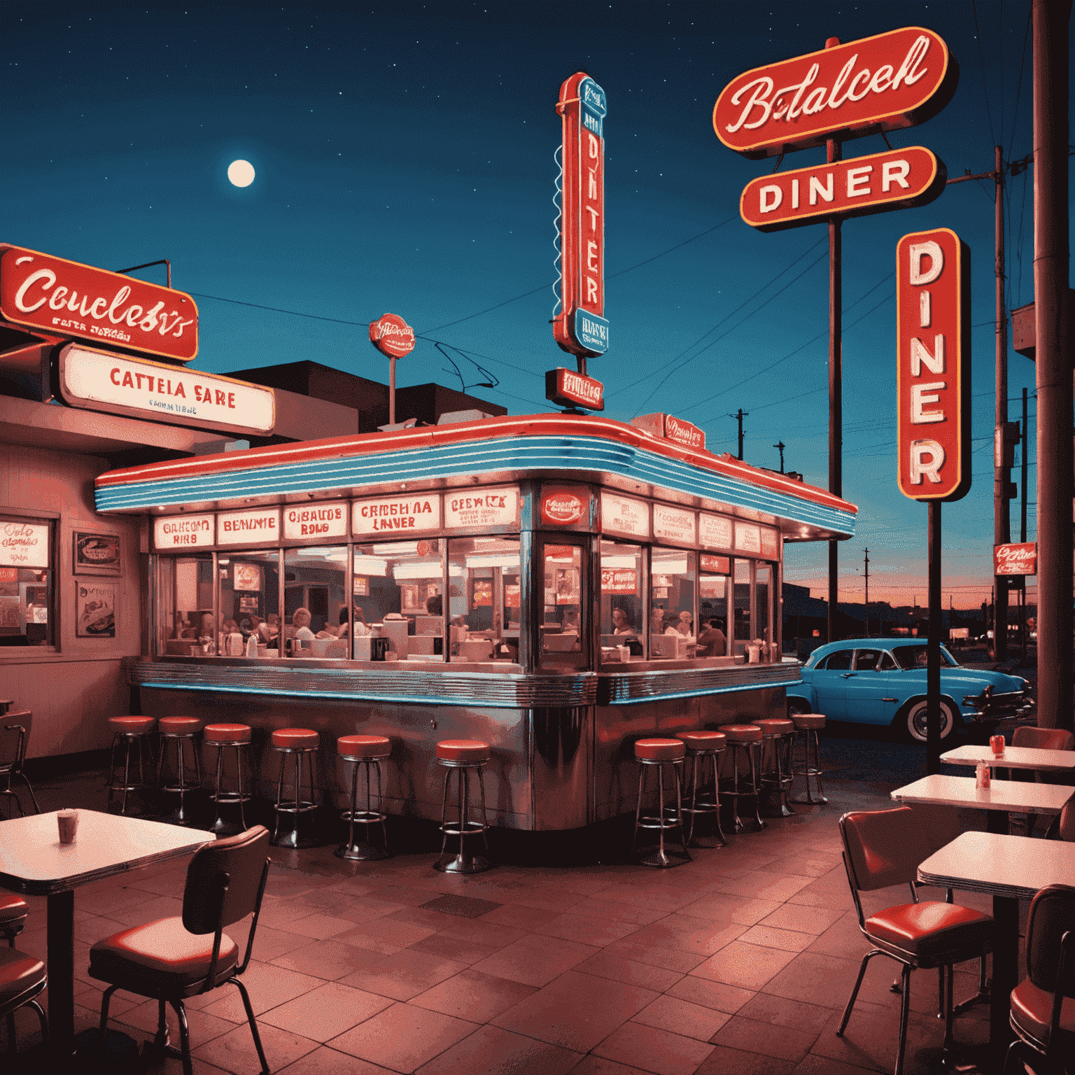 A retro-style illustration of a classic American diner with neon signs, featuring milkshakes and sundaes in the foreground