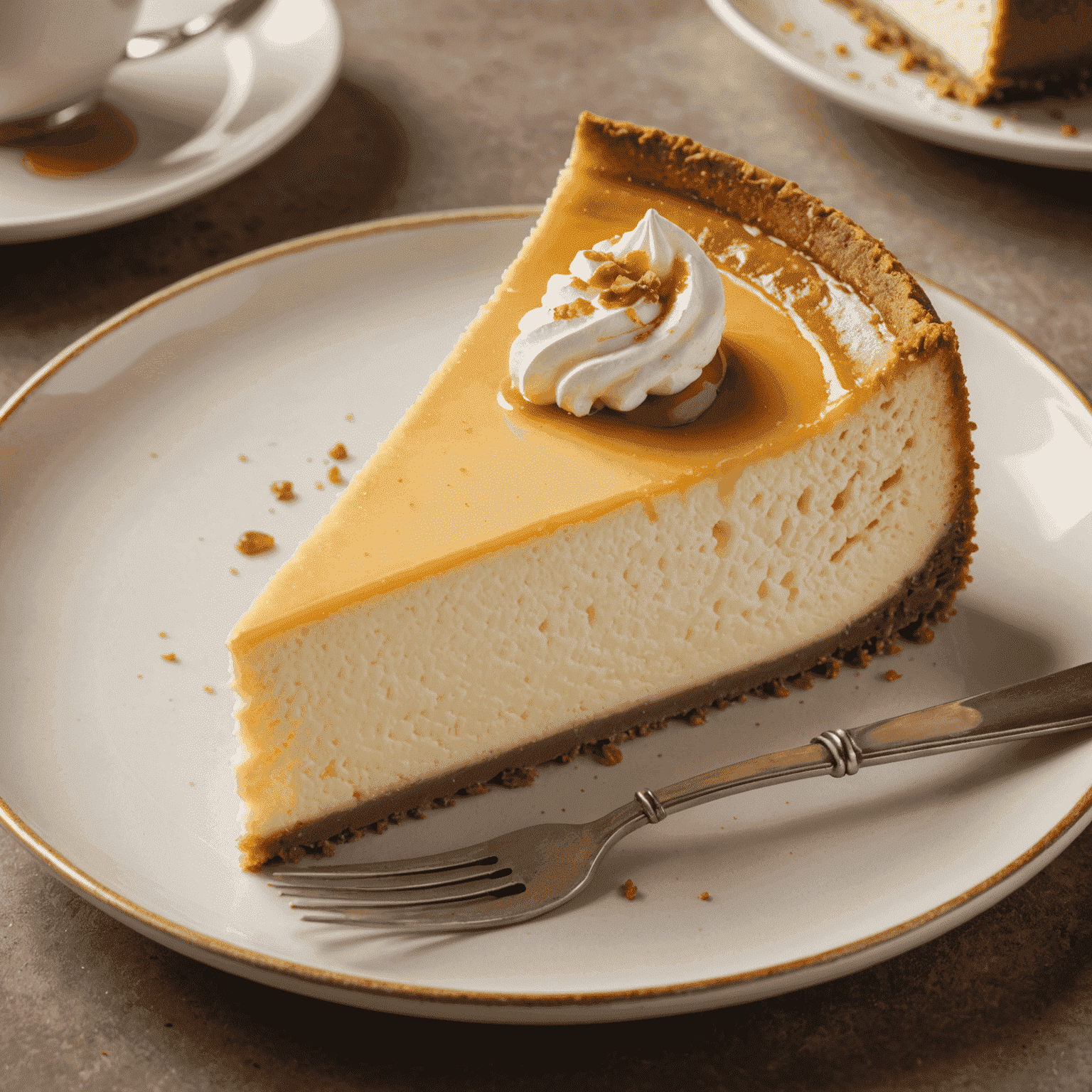 A perfectly baked cheesecake with a golden top, sitting on a decorative plate. The texture looks smooth and creamy, with a slight crack on the surface for authenticity.