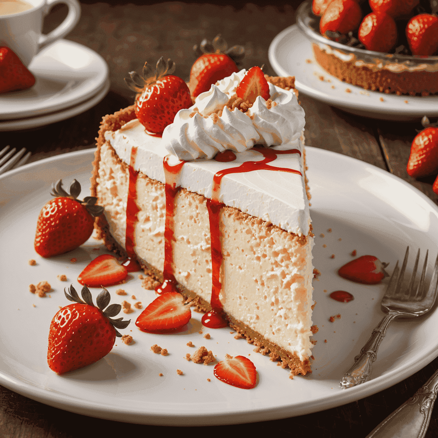 A creamy New York-style cheesecake with a golden graham cracker crust, topped with fresh strawberries and a swirl of whipped cream.