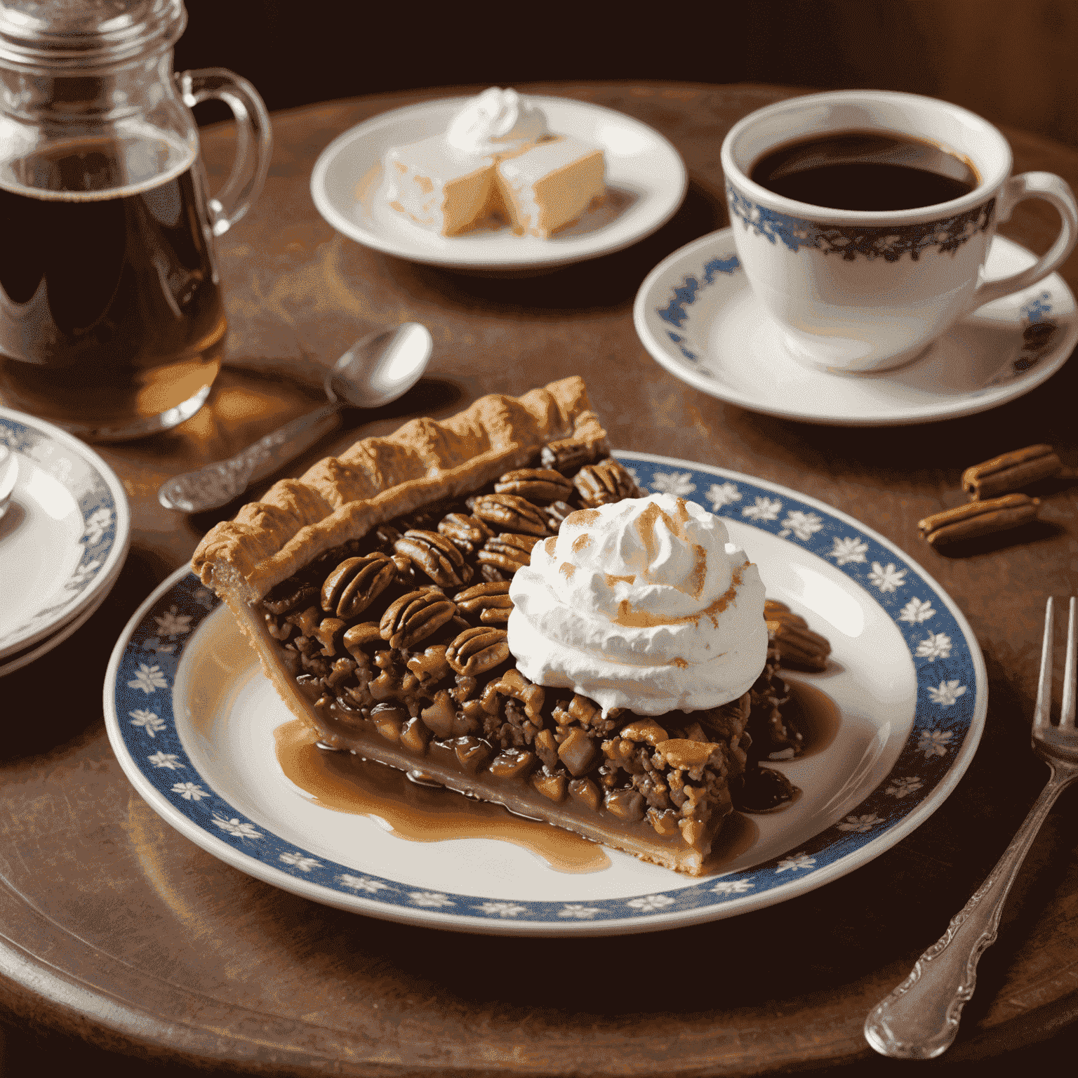 A slice of Maple Syrup Pecan Pie on a vintage diner plate, served with a scoop of vanilla ice cream and a decorative maple leaf garnish. A steaming cup of coffee sits beside the plate.