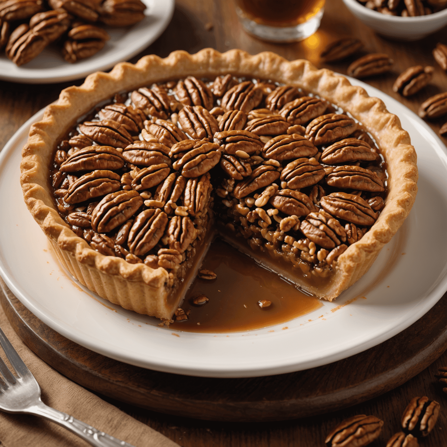 A slice of golden pecan pie with a flaky crust, glistening with rich maple syrup and topped with perfectly arranged pecans.