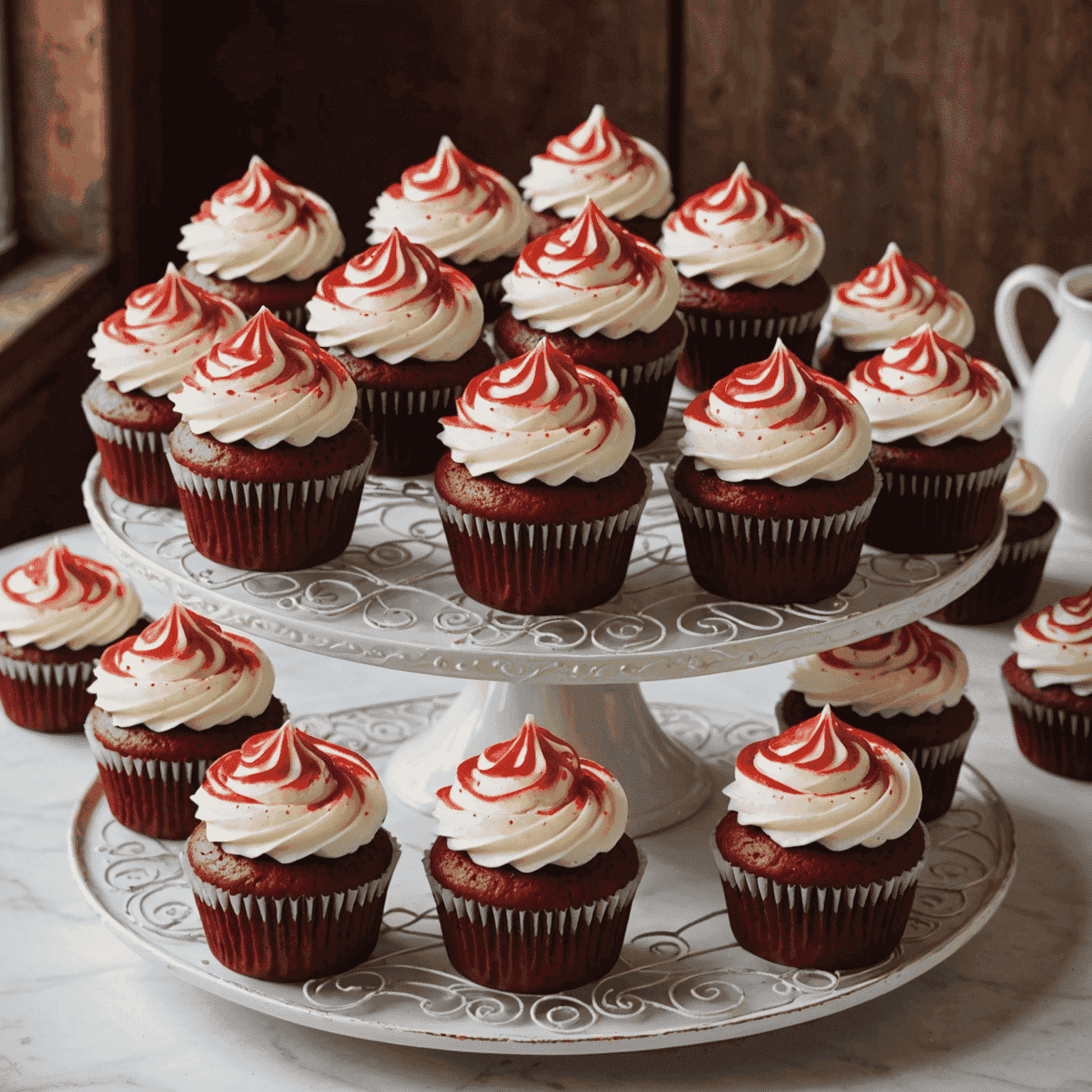 A batch of vibrant red velvet cupcakes topped with swirls of creamy white frosting. The cupcakes are arranged on a vintage-style cupcake stand.