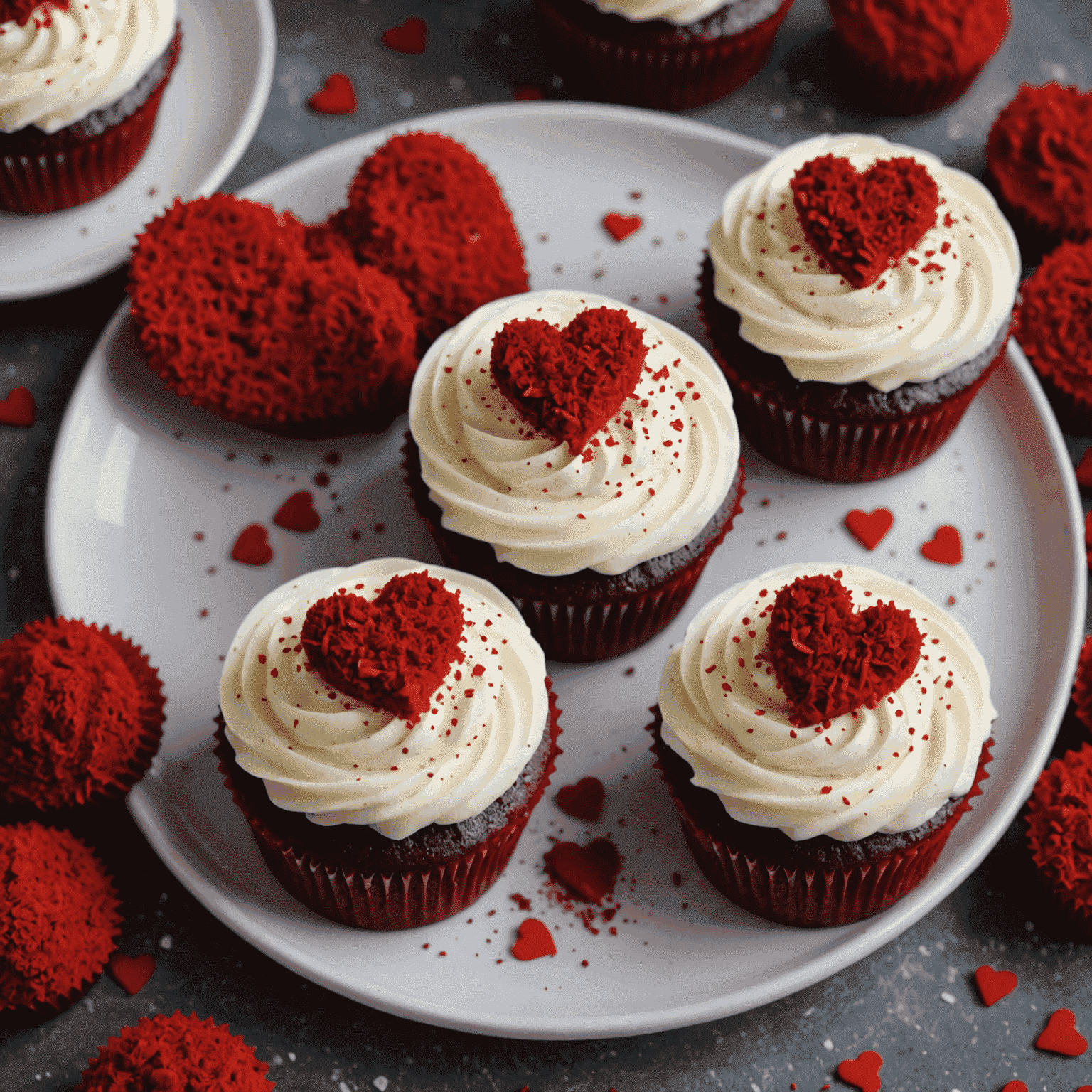 A plate of three vibrant red velvet cupcakes with swirled cream cheese frosting, decorated with red velvet crumbs and tiny edible hearts.